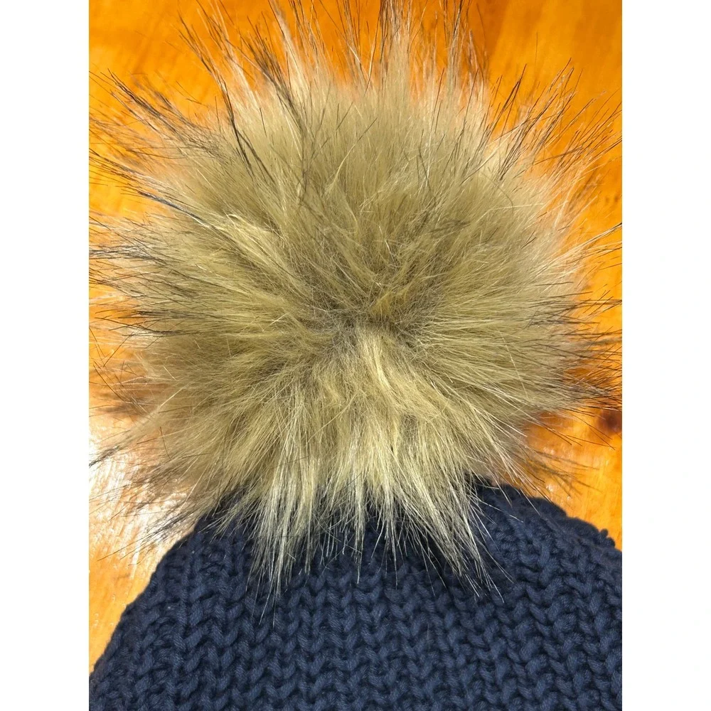 Love Your Melon Granola Navy Blue Cotton Cuffed Beanie Faux Fur Pom Hat USA